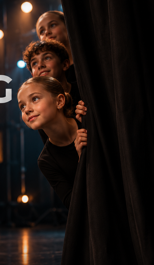 Young performers peeking out from behind a stage curtain