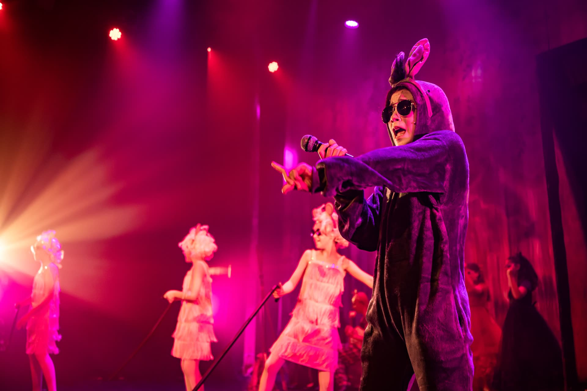 Big Time performer in a donkey costume singing on stage