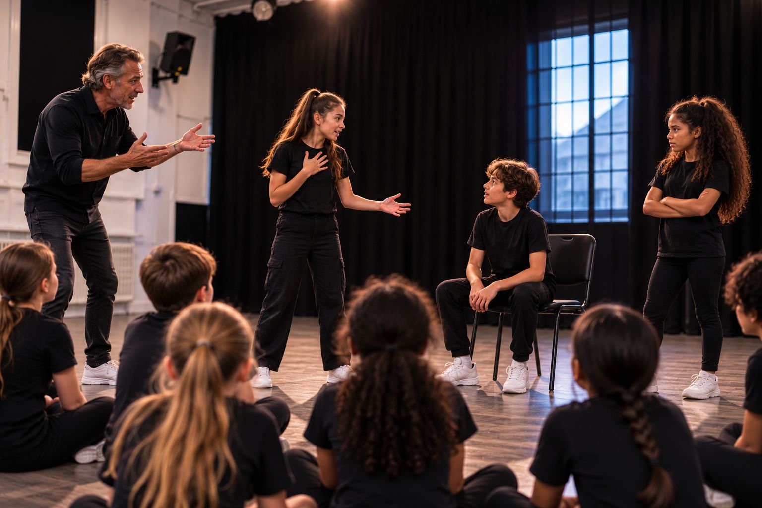 Acting coach directing young performers in a scene