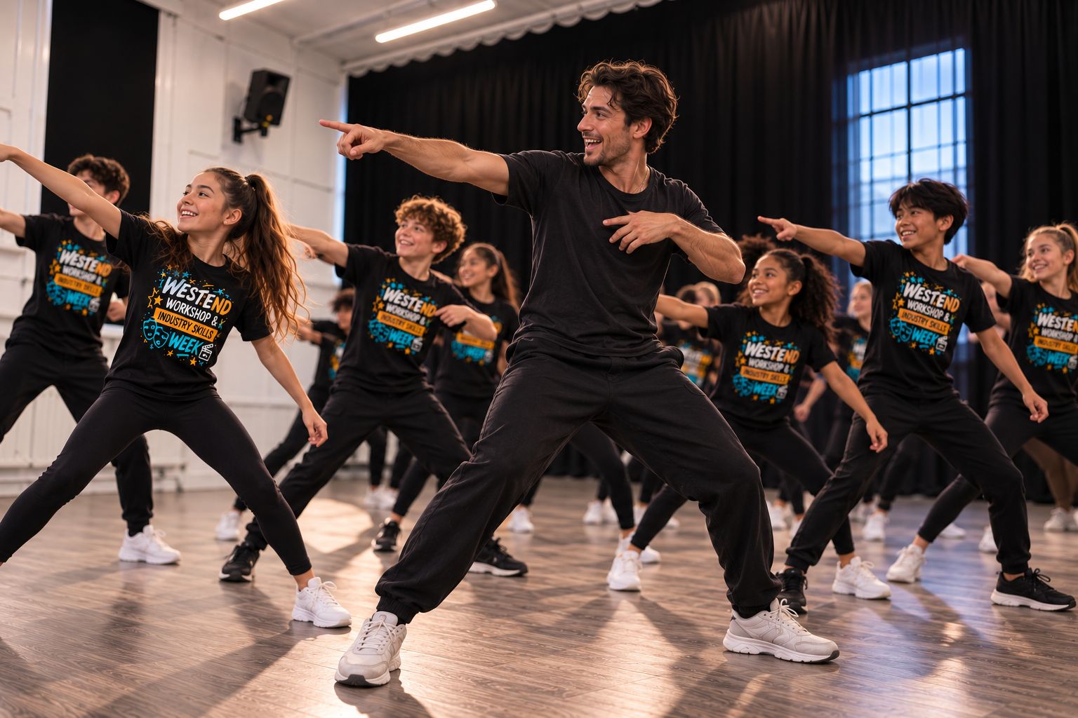 Choreographer leading young performers through a routine