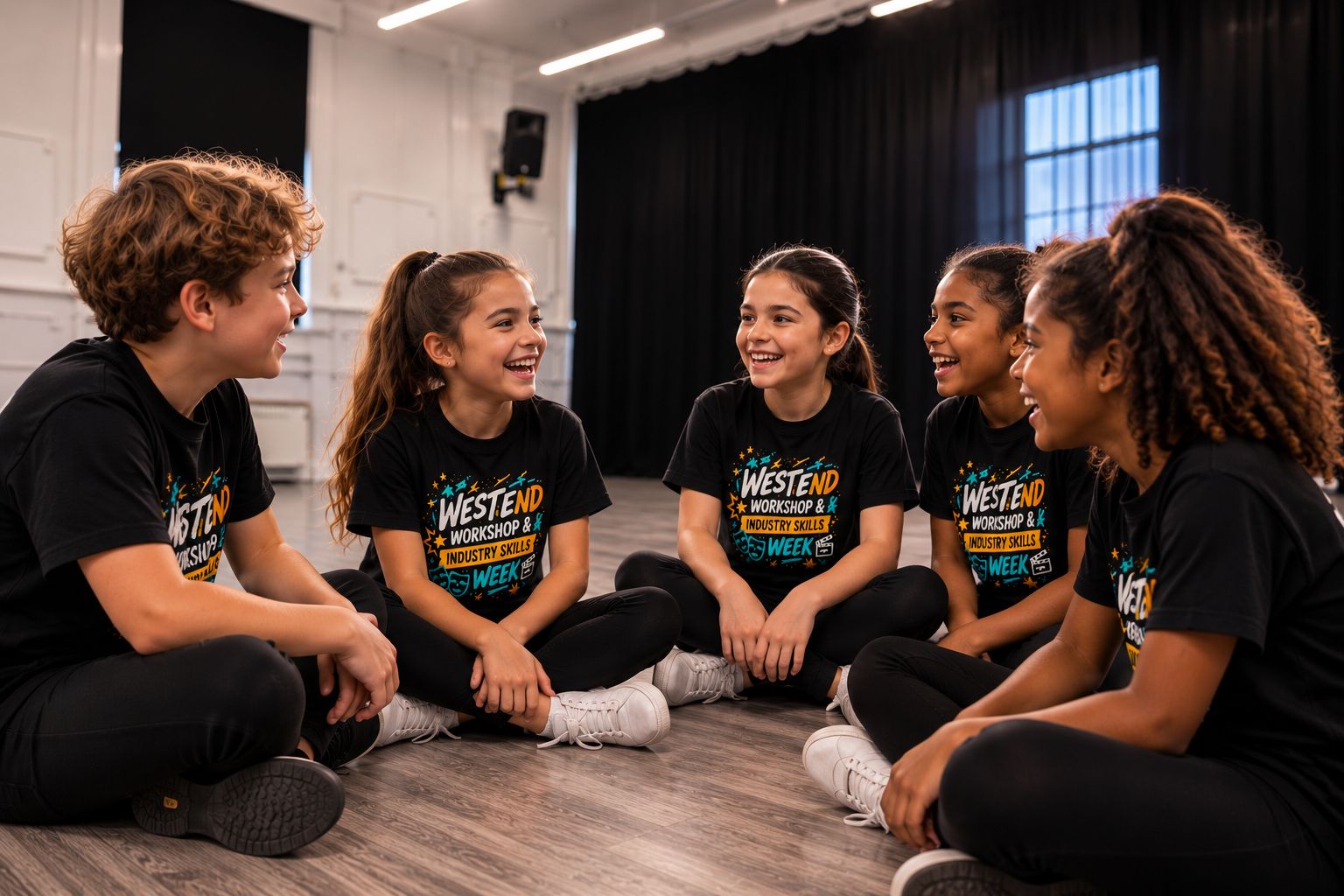 Young performers sitting in a circle, laughing together