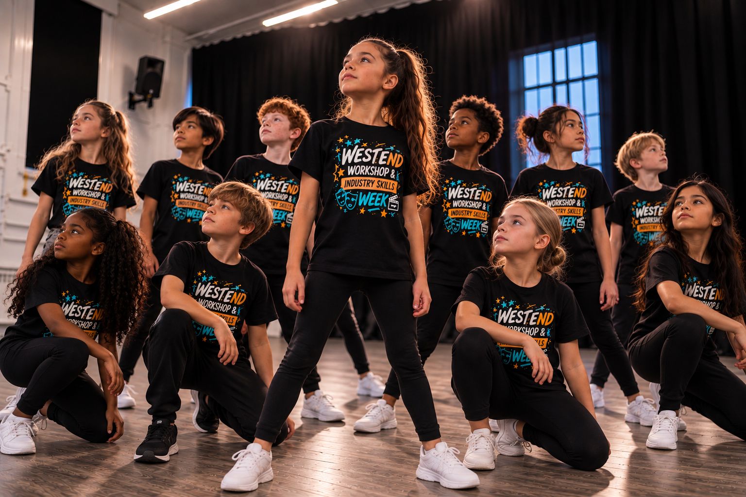 Group of young performers holding a pose and looking upwards