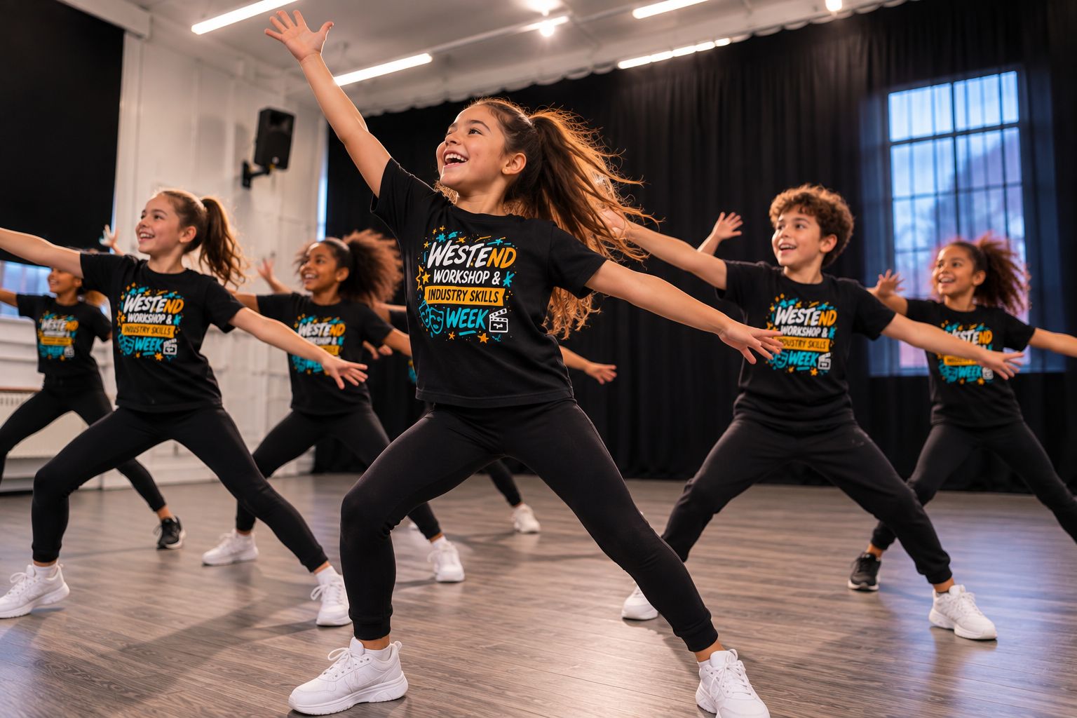 Young performer dancing with arms outstretched at a Big Time workshop