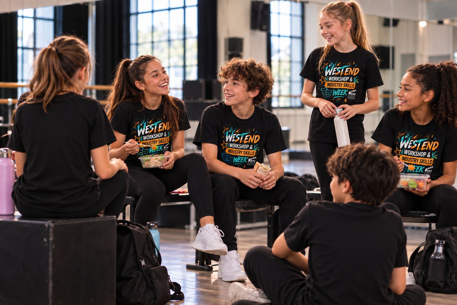 Young performers chatting and laughing over lunch