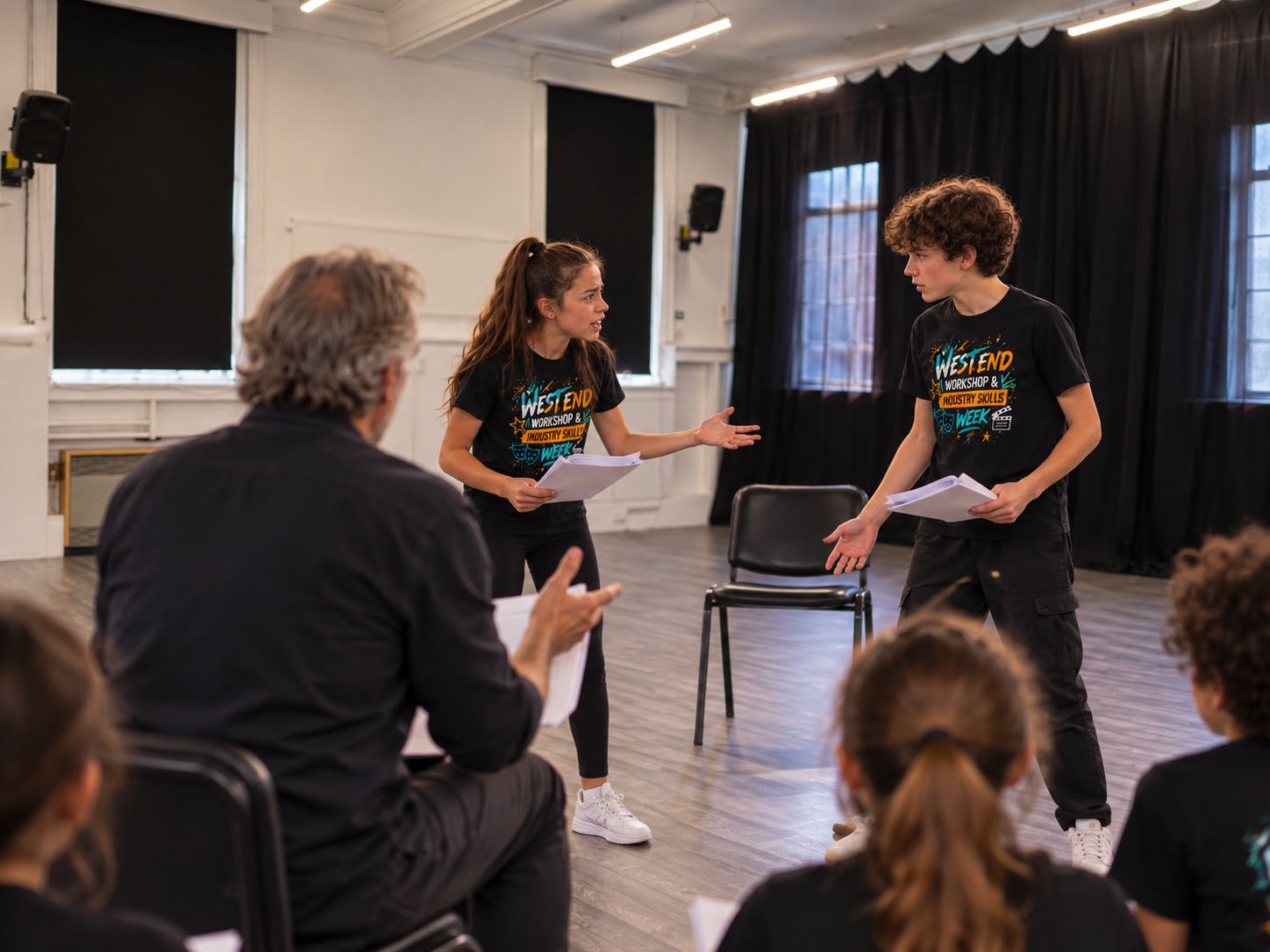 Two young actors rehearsing a scene with scripts while a coach watches